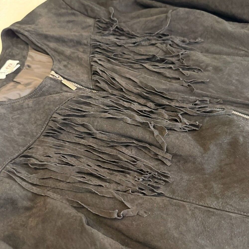 Denim & Co Women's Medium Boho Jacket Rodeo Western Biker Fringe Suede Zip Black